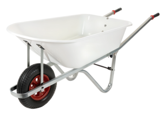 White wheelbarrow with metal frame and rubber tire