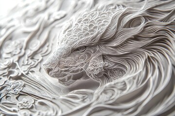 Intricately sculpted dragon head in white paper-like texture, highly detailed.