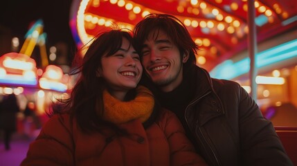 Fototapeta premium Happy couple enjoying a romantic evening together with colorful lights in the background at a vibrant amusement park setting