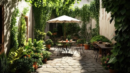 Tranquil Courtyard Escape: A Lush Garden Oasis with Rustic Charm and Shade