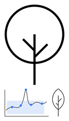 Tree symbol with branching lines a graph with data points and a leaf outline. Ideal for nature, growth, data analysis, sustainability, simplicity, environmental awareness, and innovation. Line