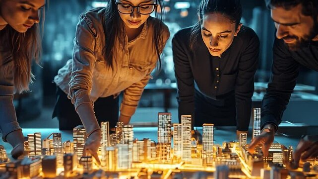 Urban Planners Collaboration: A team of focused urban planners collaborates intently over a detailed illuminated model of a city, showcasing their dedication and innovative approach to urban design.