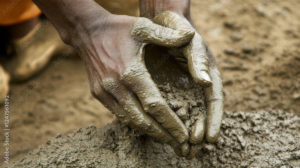 Poster close up of worker hands mixing cement, showcasing texture and consistency of material. hands are sk