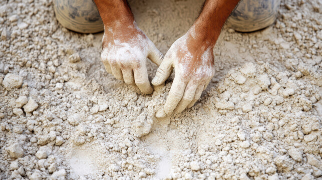close up of worker hands mixing cement on construction site, showcasing texture of material and effort involved in task