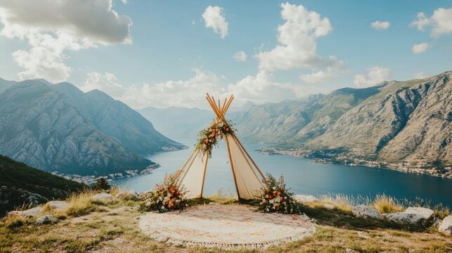 mountaintop elopement ceremony with teepee arch