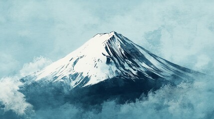 A stunning watercolor style illustration of a snow-capped mountain peak emerging from clouds