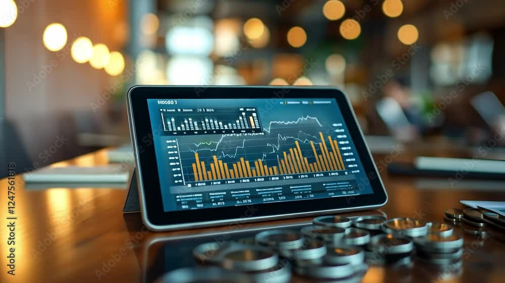 Poster financial data analysis on tablet:a close-up shot of a tablet displaying financial charts and graphs