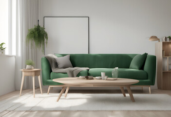 mock interior render green table trendy sofa room living home white bright wooden 3d decoration bohemian background wall dark chic modern furniture scandinavian velvet luxury couch painting art