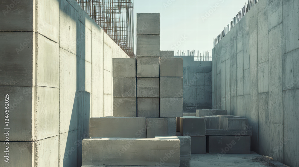Poster construction site featuring neatly stacked cement blocks, showcasing raw materials used in building 