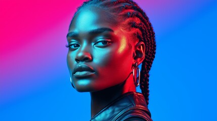 Portrait of a confident woman in dramatic red and blue neon lighting showcasing bold expression and intricate braided hairstyle
