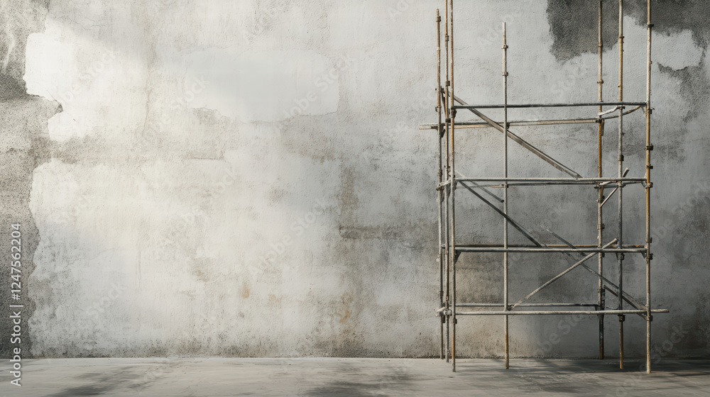 Poster construction site featuring scaffolding against textured wall, showcasing raw elements of building w