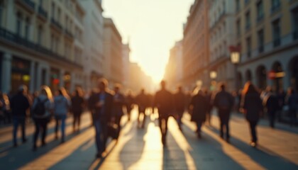 Obraz premium Busy city street scene with large crowd walking. People hurrying. Daytime urban scene. City life dynamic, modern. Casual attire shown. Pedestrians rush to destinations. Sunrise sunset light casts