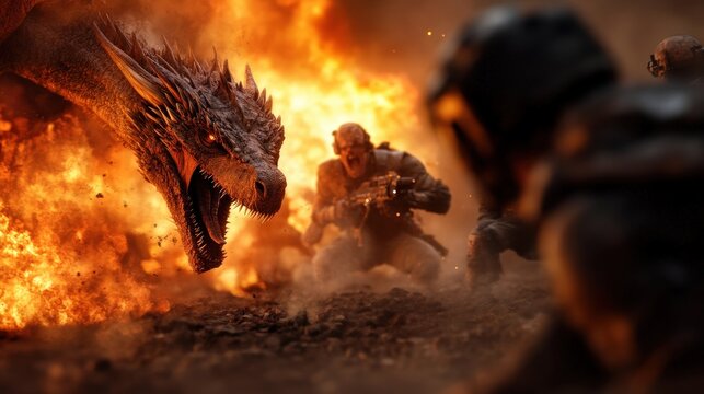 In an epic confrontation, a dragon bellows ferociously as armored warriors prepare to defend themselves from its fiery breath, set against a backdrop of chaos.