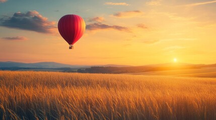 Obraz premium Serene Sunset Hot Air Balloon Ride Over Golden Wheat Field