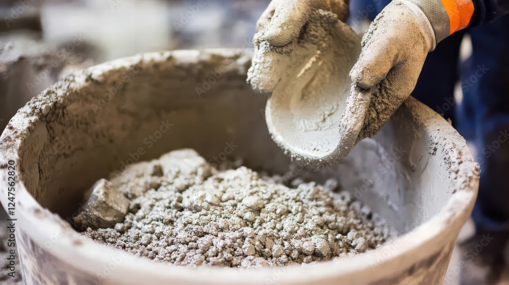 Poster mixing concrete in bucket with hands wearing gloves, showcasing texture and consistency of material.