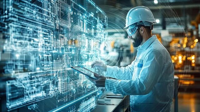 Technological Oversight: A skilled engineer, donned in protective gear, meticulously examines data on a tablet, surrounded by an industrial setting rendered with digital overlays.