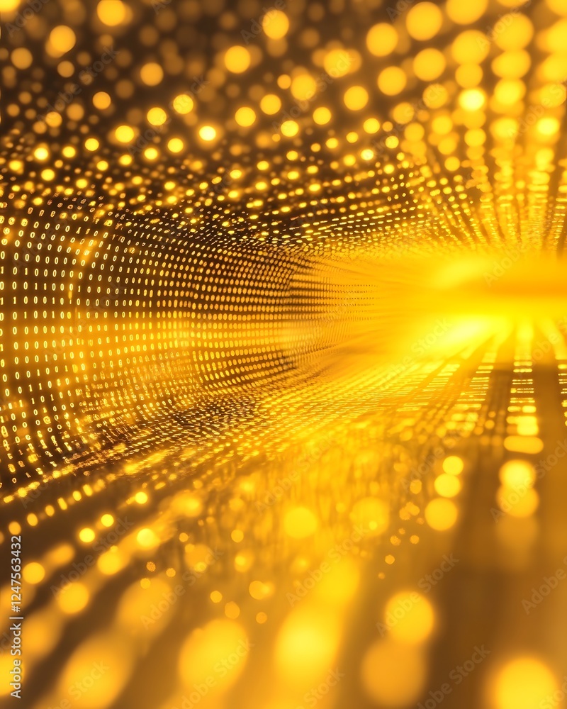Poster golden digital tunnel with moving lights creating a hypnotic effect in a vibrant space
