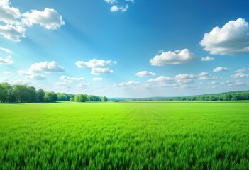 Obraz premium Vast green field stretches under a vibrant blue sky dotted with fluffy white clouds. Lush green trees line the horizon. Sunny day creates a beautiful summer scene.
