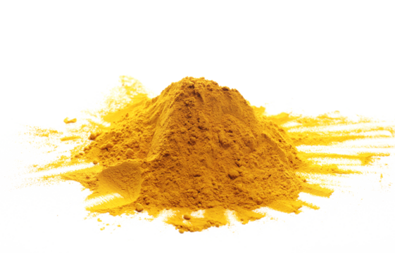 Turmeric powder pile isolated on white background, side view	