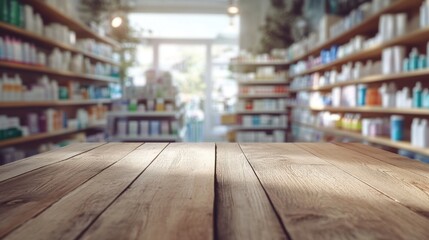 Fototapeta premium wooden table in blurred pharmacy setting