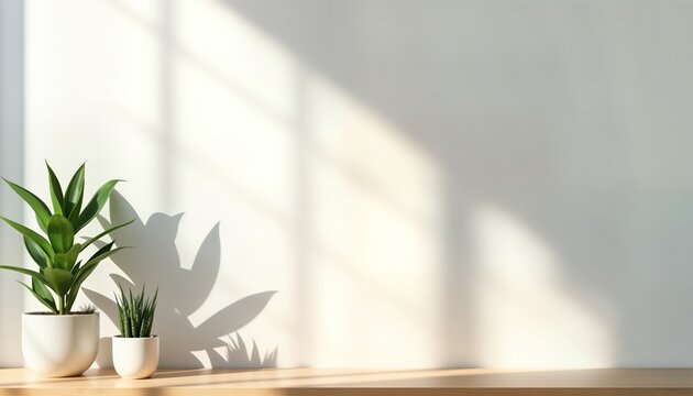 Indoor scene featuring two potted plants on light wooden surface. Sunlight casts soft shadows on white wall. Clean simple interior design. Suitable for home office zoom meeting background. Natural