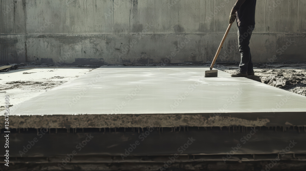 Poster worker checking level of freshly poured cement on construction site, ensuring smooth and even surfac