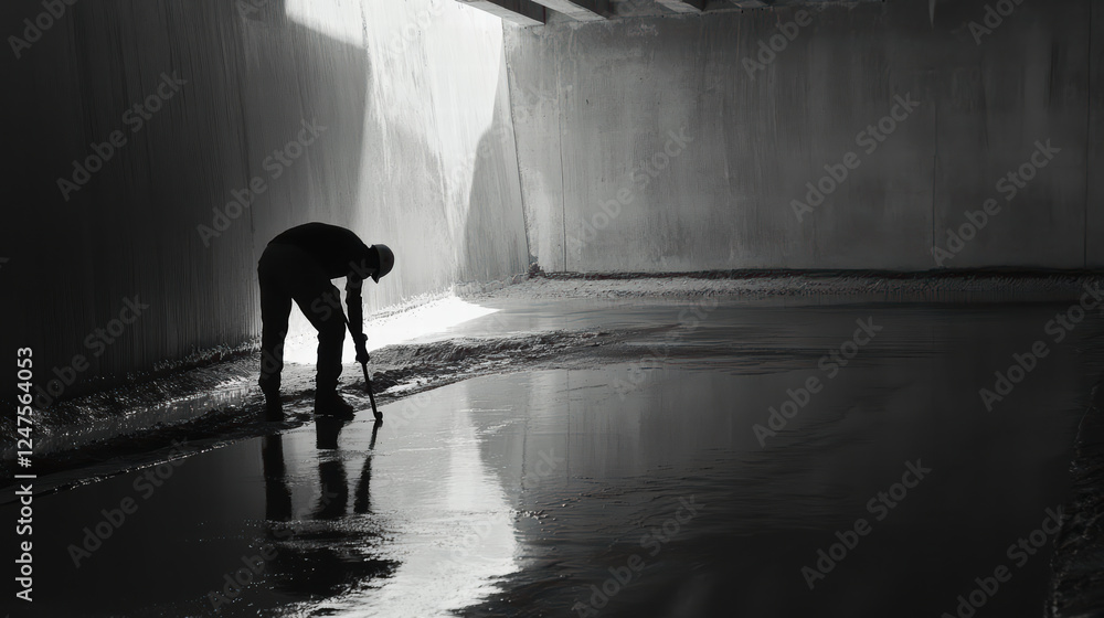 Poster worker checking level of freshly poured cement in construction site. scene captures dedication and p