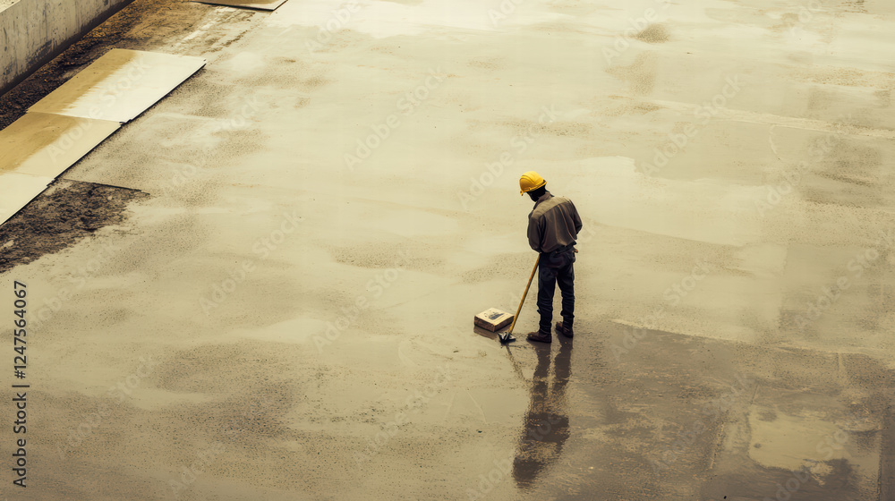 Poster worker checking level of freshly poured cement on construction site. scene captures dedication and p