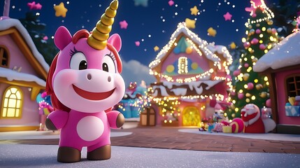 Fototapeta premium Cheerful unicorn toy in a festive winter village, surrounded by colorful decorations and snow
