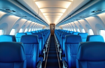 Fototapeta premium Empty blue airplane seats interior. Rows of blue seats arranged in cabin. Sky view through windows. Commercial airplane. Modern interior. Airline travel. Passenger seats in aircraft. Journey. Airline