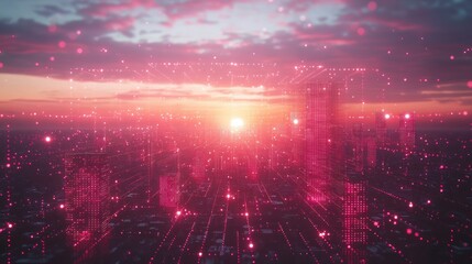 Obraz premium Cityscape sunrise, digital network overlay, future technology