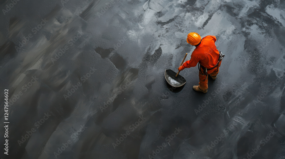 Poster worker in orange uniform uses float to finish cement surface, showcasing dedication and skill in con