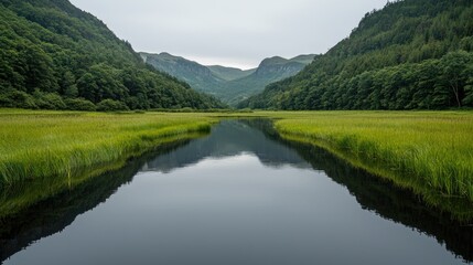 Serene valley river reflection, calm landscape, nature background, travel poster