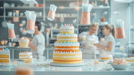 Decorative Cake Display in Bakery Shop Window Showcasing Artisanal Pastries and Confections for Celebratory Occasions