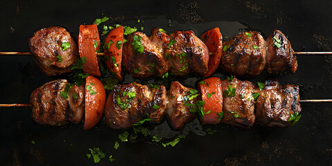 Savory Meat Skewers and Kebabs: Delicious Barbecue Beef with Fresh Tomatoes, Herbs, and Spices for Summer Grilling, Outdoor Picnics, Appetizers, and Flavorful Dining Experiences
