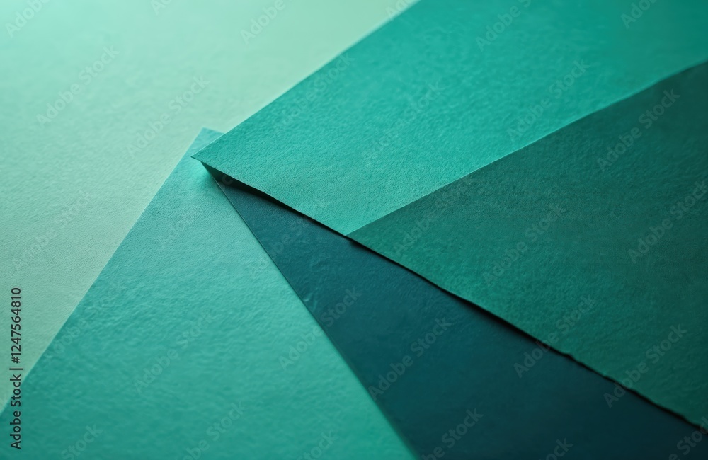 Poster close-up view of textured craft paper. multiple sheets of cyan emerald, teal colored paper overlap c