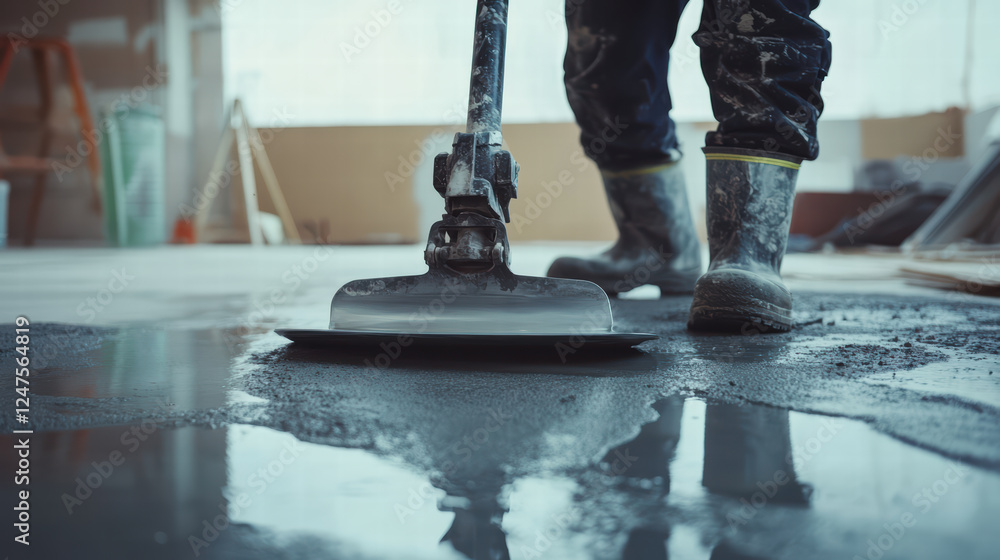 Poster worker using power trowel to smooth cement floor in construction space, showcasing process of floori
