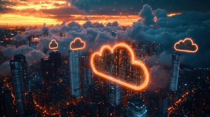 Cityscape sunset, cloud computing data