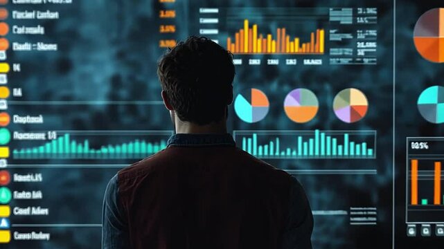 Data Driven Decisions: A man stands in silhouette, his back to the camera, staring intently at a large display filled with data, charts, and graphs.