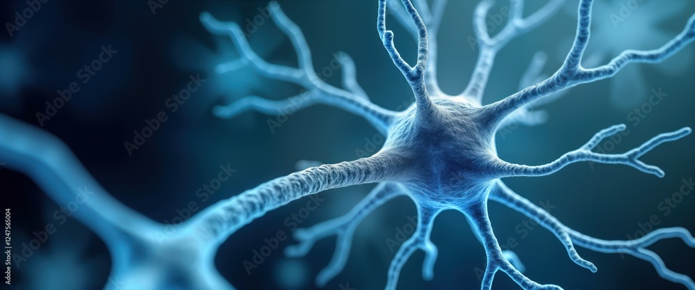 Poster detailed close-up view of neuron cell. complex branching structure highlighted. cell vibrant blue, f