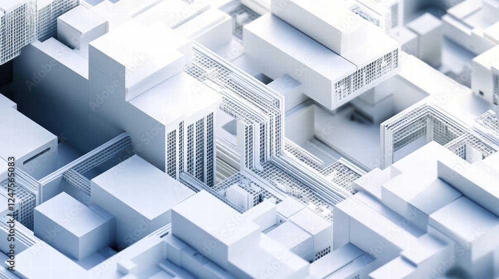 Poster aerial view of complex structural project featuring intricate geometric designs and white architectu