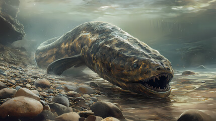 Obraz premium Gigantic eel on pebbled shore. Gigantic Creatures. Illustration