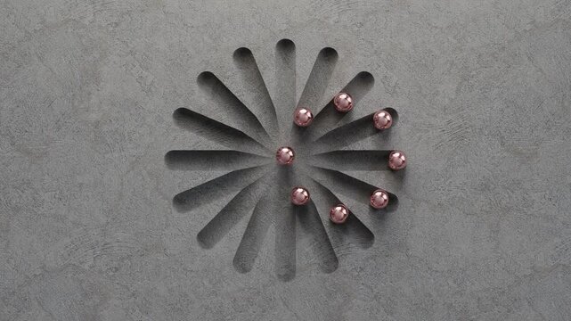 3d render, optical illusion where balls forming a looping circle on a concrete surface, 4k abstract seamless loop backgound