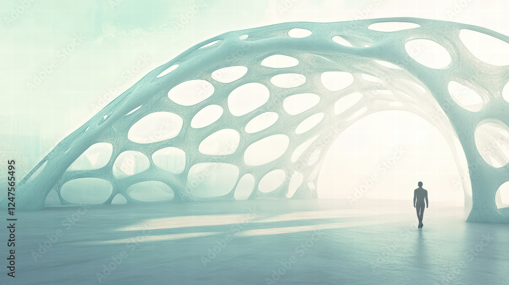 Poster futuristic dome structure with organic shapes and person walking inside, creating serene and innovat