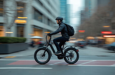Man rides electric bike in city bike lane. Urban scene shows eco friendly commute. Fast motion blurs background. Active lifestyle. Modern transport. Healthy choice.