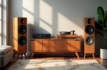 Vintage hi-fi audio system in living room. Wooden speakers, cabinet. Modern components with retro design. Sun streams in creating warm ambiance. Perfect for interior design, audiophile, home decor.