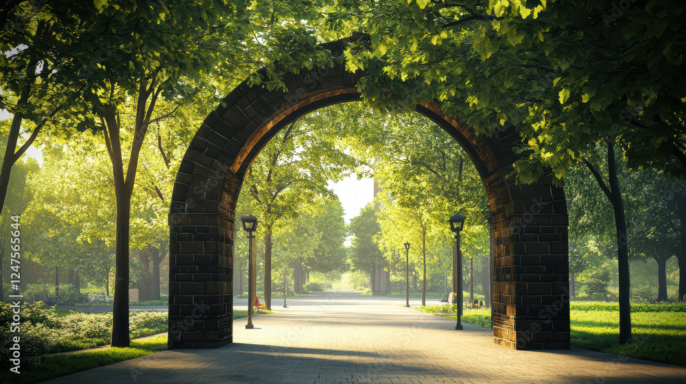 Poster serene park scene featuring structural archway surrounded by lush greenery and sunlight filtering th