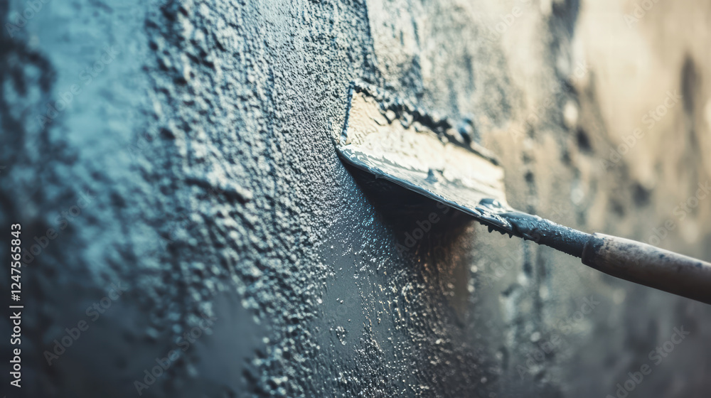 Poster smoothing wet cement on wall with trowel, showcasing texture and technique involved in wall finishin