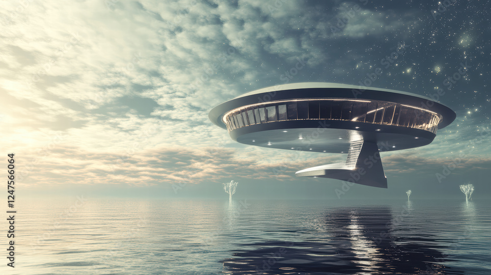 Poster futuristic floating structure above calm waters, surrounded by serene sky filled with clouds and sta