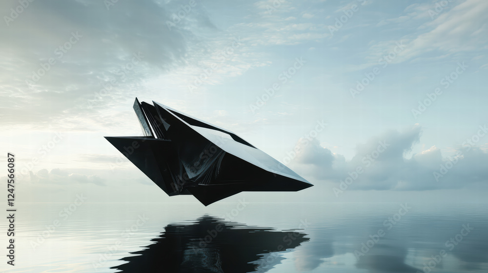 Poster conceptual design of futuristic floating structure above calm water, showcasing sleek lines and refl